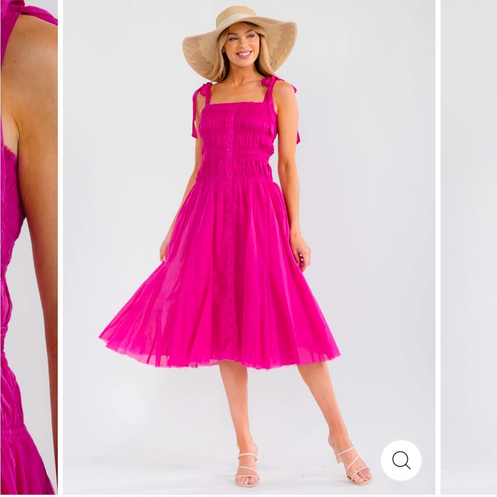 NWT 100% Cotton Tie-Shoulder Midi Dress in Bright Pink